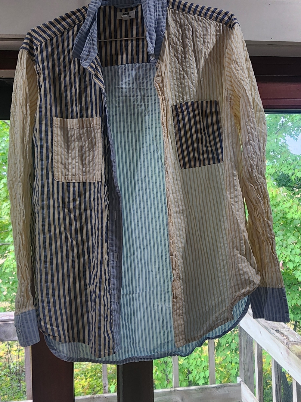 aerie Striped Patchwork Button-Down Shirt - Blue & Cream